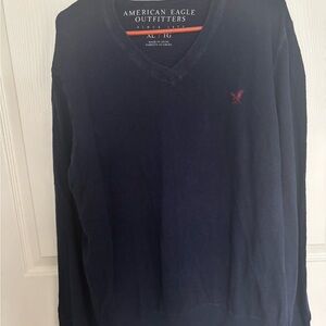 American Eagle Outfitters Men's Dark Navy V-Neck Sweater
